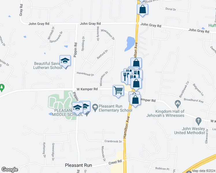 map of restaurants, bars, coffee shops, grocery stores, and more near 2494 West Kemper Road in Cincinnati