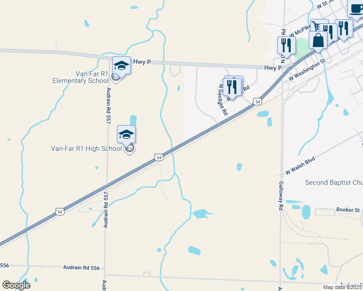 map of restaurants, bars, coffee shops, grocery stores, and more near 2200 U.S. 54 in Vandalia