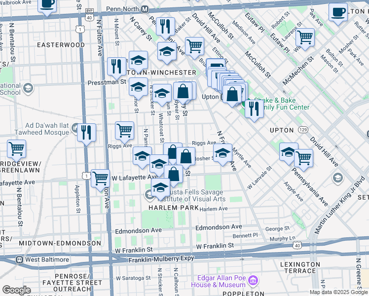 map of restaurants, bars, coffee shops, grocery stores, and more near 1022 North Carey Street in Baltimore