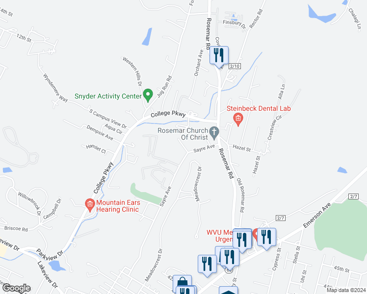 map of restaurants, bars, coffee shops, grocery stores, and more near 103 Wyndham Knob in Parkersburg