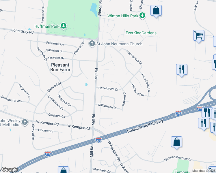 map of restaurants, bars, coffee shops, grocery stores, and more near 12020 Goodfield Court in Cincinnati