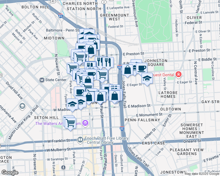 map of restaurants, bars, coffee shops, grocery stores, and more near 939 North Calvert Street in Baltimore