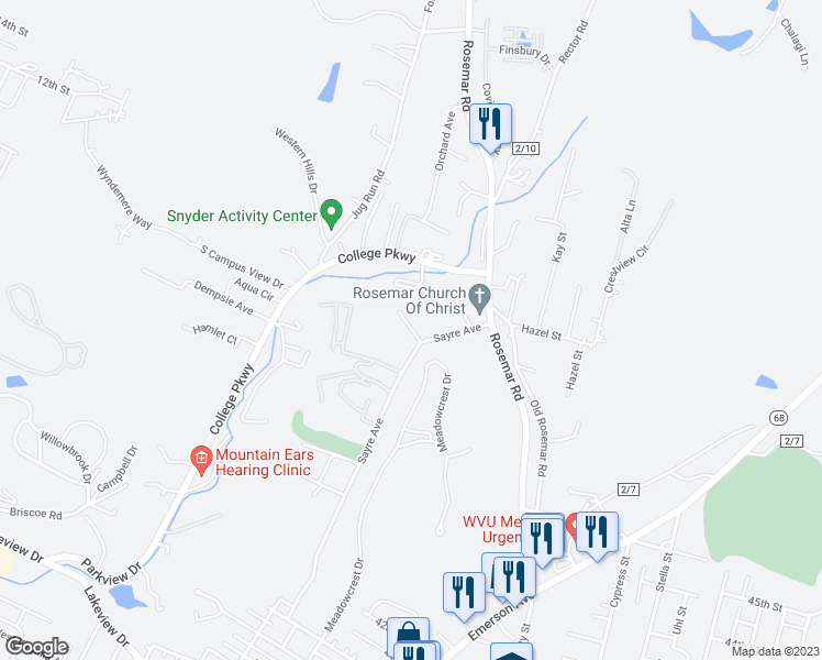 map of restaurants, bars, coffee shops, grocery stores, and more near 104 Wyndham Knob in Parkersburg
