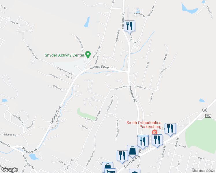 map of restaurants, bars, coffee shops, grocery stores, and more near 109 Wyndham Knob in Parkersburg