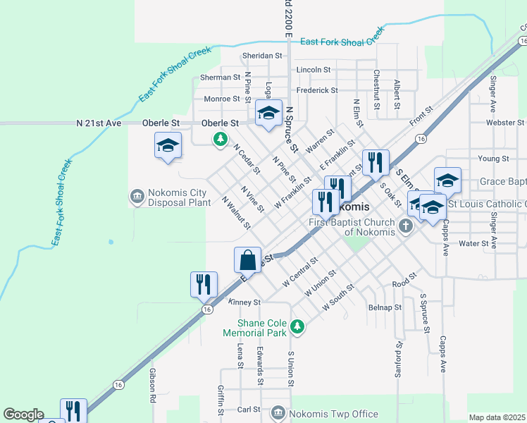 map of restaurants, bars, coffee shops, grocery stores, and more near 222 North Vine Street in Nokomis