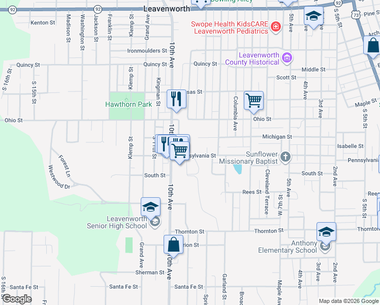 map of restaurants, bars, coffee shops, grocery stores, and more near 1609 Lawrence Avenue in Leavenworth