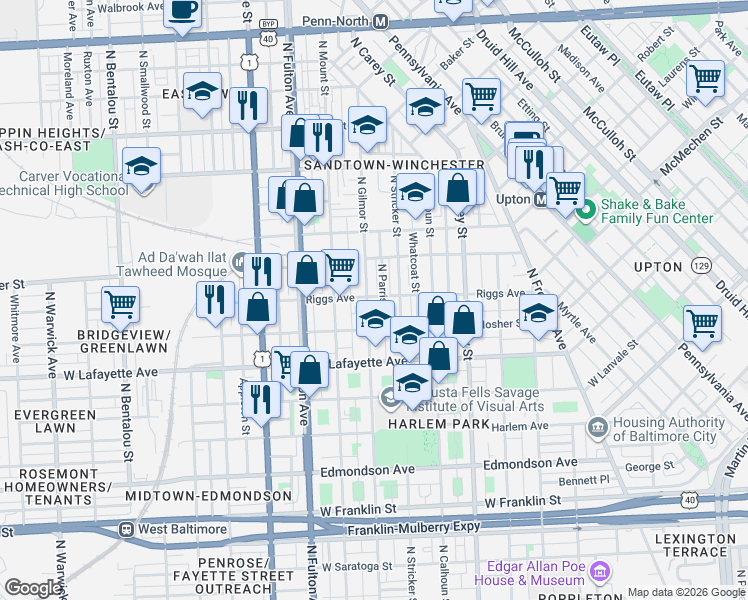 map of restaurants, bars, coffee shops, grocery stores, and more near 1037 North Gilmor Street in Baltimore