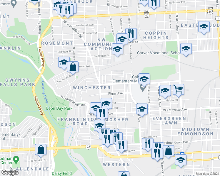 map of restaurants, bars, coffee shops, grocery stores, and more near 1110 Dukeland St in Baltimore