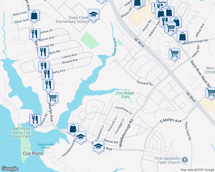 map of restaurants, bars, coffee shops, grocery stores, and more near 6 Cedar Valley Place in Essex