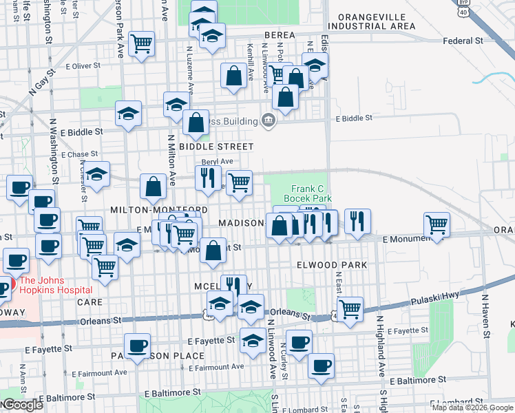 map of restaurants, bars, coffee shops, grocery stores, and more near 2827 Ashland Avenue in Baltimore