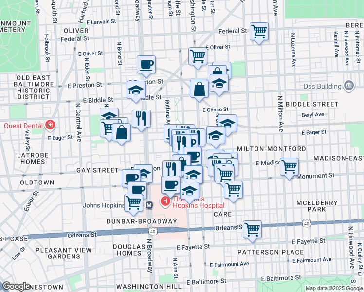 map of restaurants, bars, coffee shops, grocery stores, and more near 929 North Wolfe Street in Baltimore