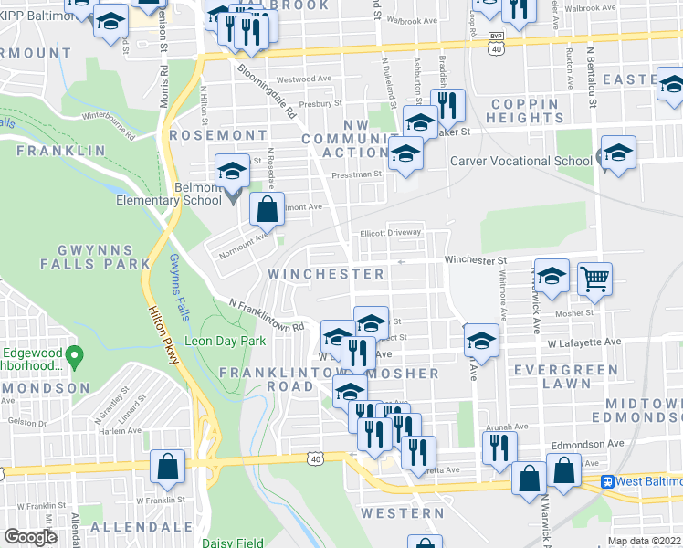 map of restaurants, bars, coffee shops, grocery stores, and more near 1124 Poplar Grove St in Baltimore