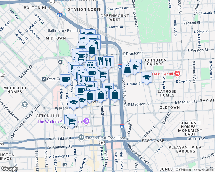 map of restaurants, bars, coffee shops, grocery stores, and more near 115 East Eager Street in Baltimore
