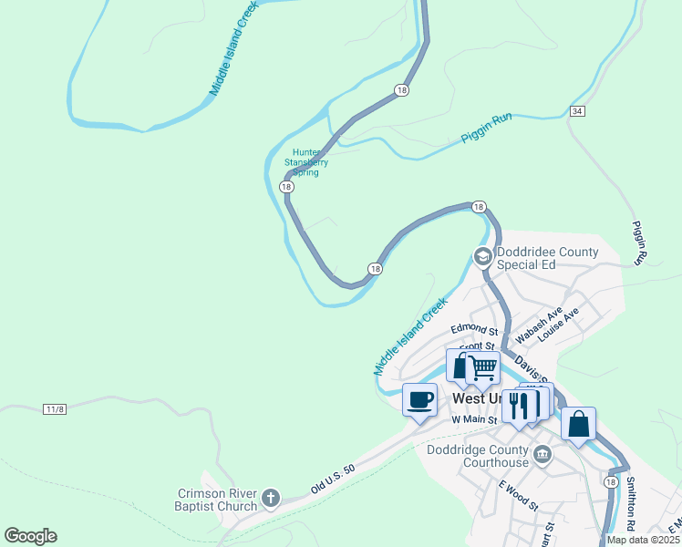 map of restaurants, bars, coffee shops, grocery stores, and more near West Virginia 18 in West Union