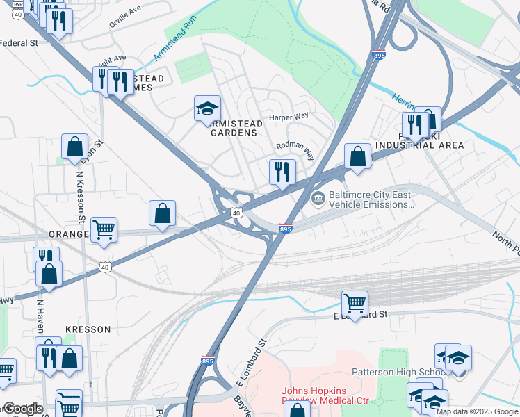 map of restaurants, bars, coffee shops, grocery stores, and more near 5603 Pulaski Highway in Baltimore