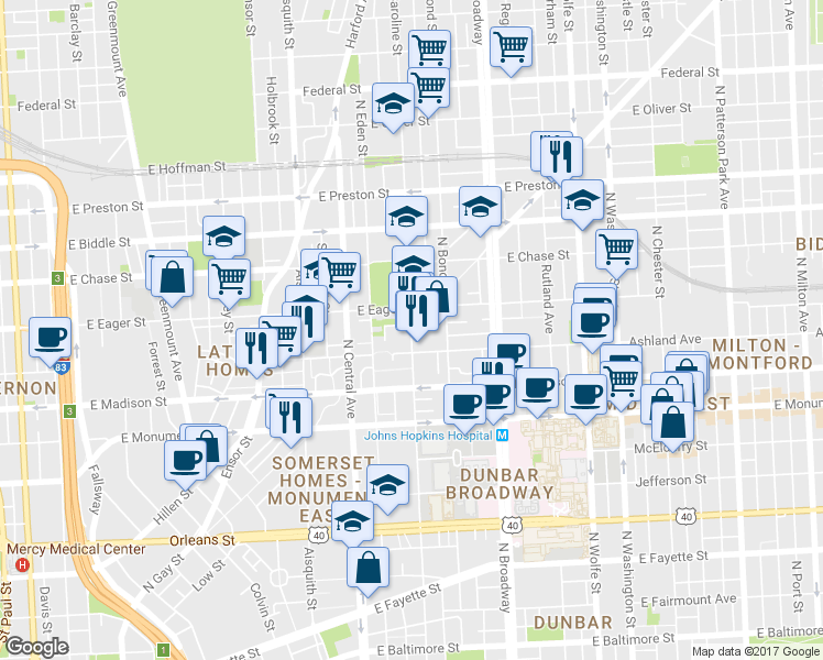 map of restaurants, bars, coffee shops, grocery stores, and more near 931 N Caroline St in Baltimore