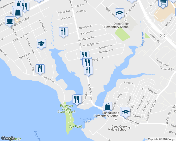 map of restaurants, bars, coffee shops, grocery stores, and more near 616 South Marlyn Avenue in Essex