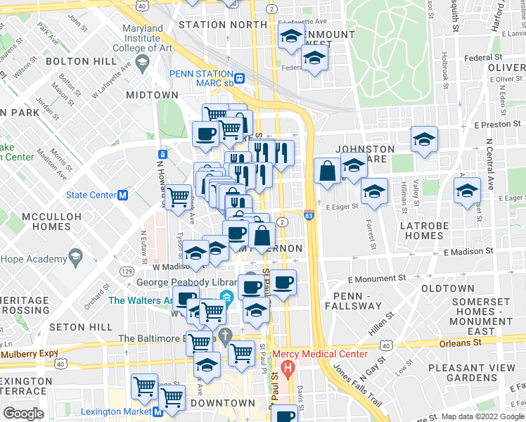 map of restaurants, bars, coffee shops, grocery stores, and more near St Paul St & E Eager St in Baltimore