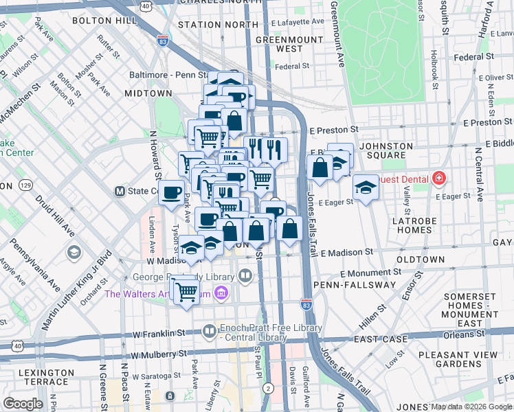 map of restaurants, bars, coffee shops, grocery stores, and more near 1001 St Paul St in Baltimore