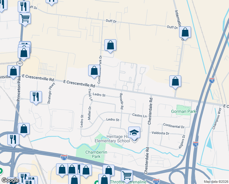 map of restaurants, bars, coffee shops, grocery stores, and more near 1038 East Crescentville Road in Cincinnati