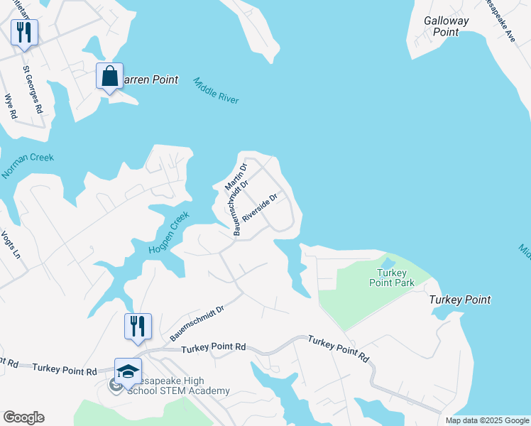 map of restaurants, bars, coffee shops, grocery stores, and more near 2211 Riverside Drive in Essex