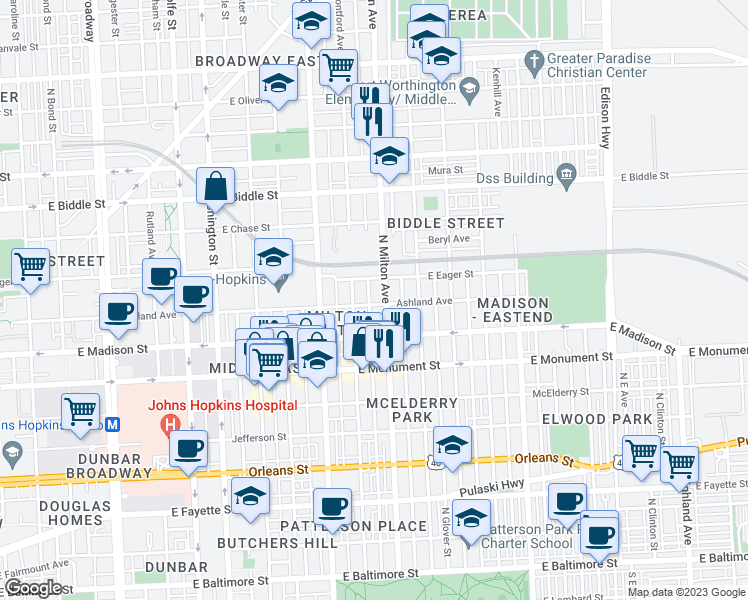 map of restaurants, bars, coffee shops, grocery stores, and more near 2426 Ashland Avenue in Baltimore