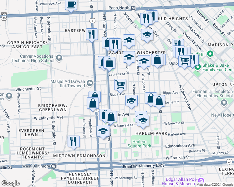 map of restaurants, bars, coffee shops, grocery stores, and more near 1100 North Mount Street in Baltimore