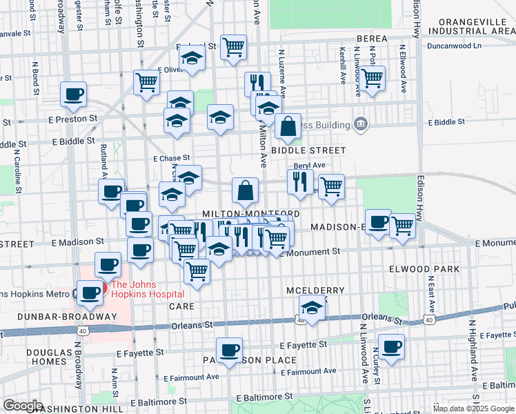 map of restaurants, bars, coffee shops, grocery stores, and more near 2426 Ashland Avenue in Baltimore