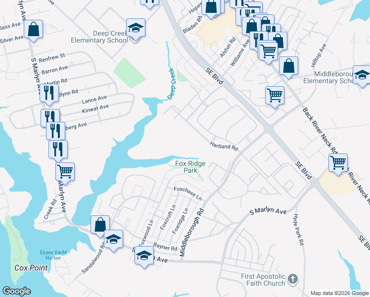 map of restaurants, bars, coffee shops, grocery stores, and more near 1350 Sugarwood Circle in Essex