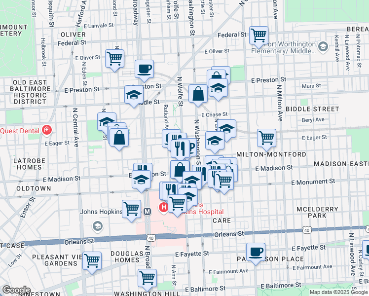 map of restaurants, bars, coffee shops, grocery stores, and more near 929 North Wolfe Street in Baltimore
