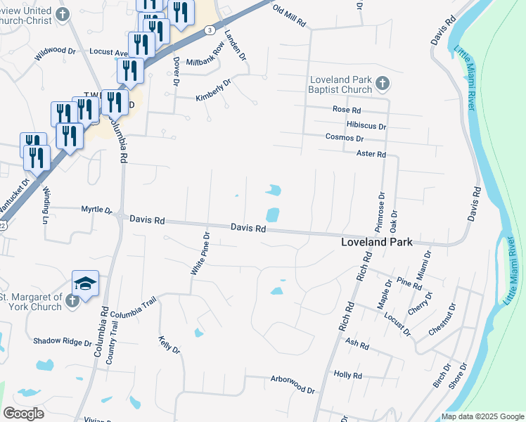 map of restaurants, bars, coffee shops, grocery stores, and more near 9655 Davis Road in Loveland