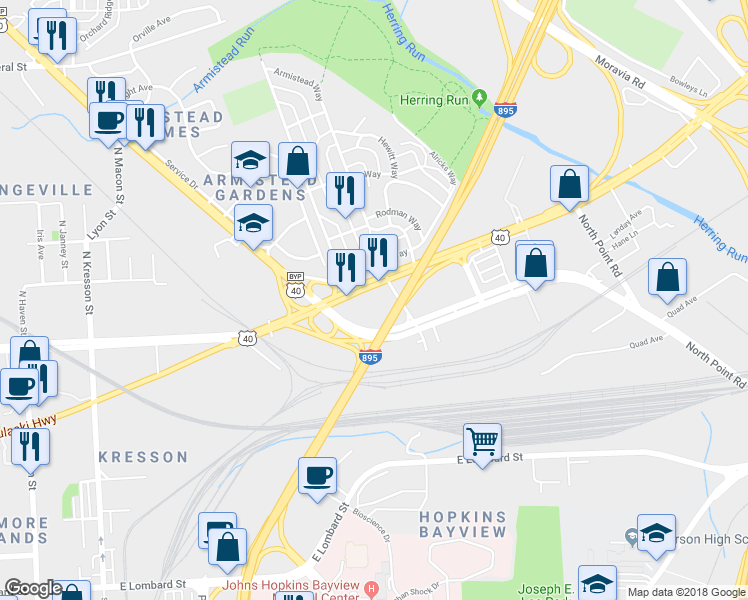 map of restaurants, bars, coffee shops, grocery stores, and more near 5801 Pulaski Hwy in Baltimore