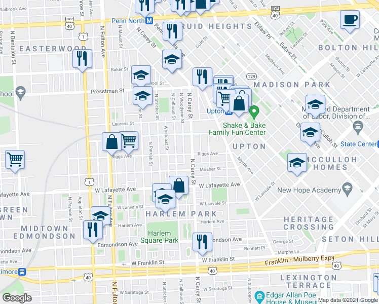 map of restaurants, bars, coffee shops, grocery stores, and more near 1100 North Carey Street in Baltimore