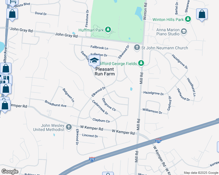 map of restaurants, bars, coffee shops, grocery stores, and more near 12011 Elkwood Drive in Cincinnati