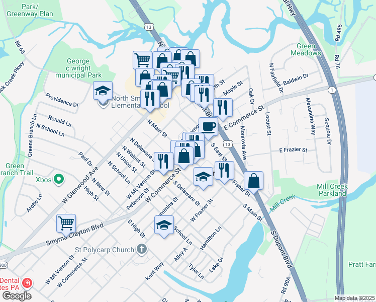 map of restaurants, bars, coffee shops, grocery stores, and more near 22 East Commerce Street in Smyrna