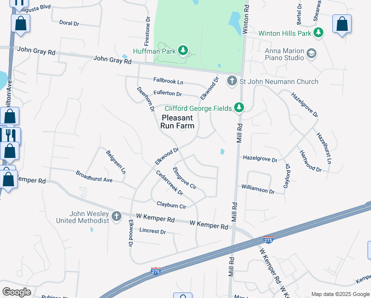 map of restaurants, bars, coffee shops, grocery stores, and more near 12011 Elkwood Drive in Cincinnati