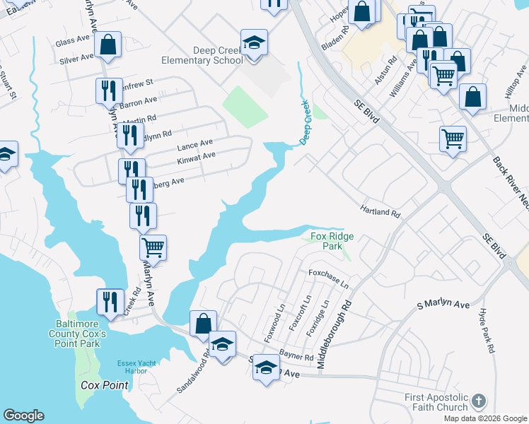 map of restaurants, bars, coffee shops, grocery stores, and more near 2 Cedar Valley Place in Essex