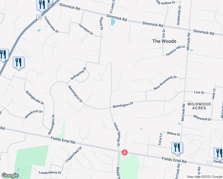 map of restaurants, bars, coffee shops, grocery stores, and more near 9920 Indian Springs Drive in Butler County