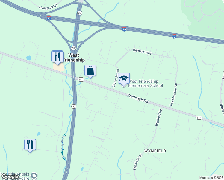 map of restaurants, bars, coffee shops, grocery stores, and more near 12500 Frederick Road in West Friendship