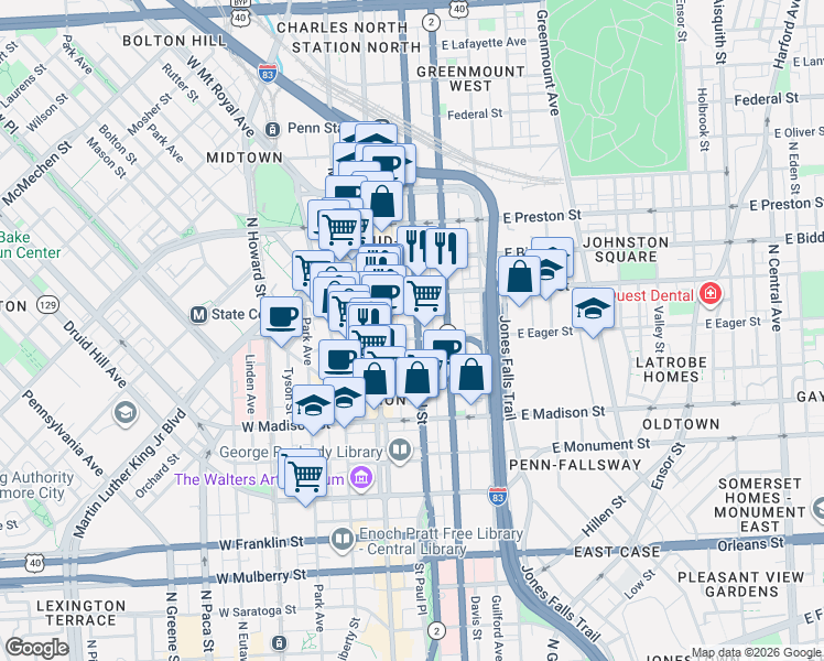 map of restaurants, bars, coffee shops, grocery stores, and more near 22 East Eager Street in Baltimore