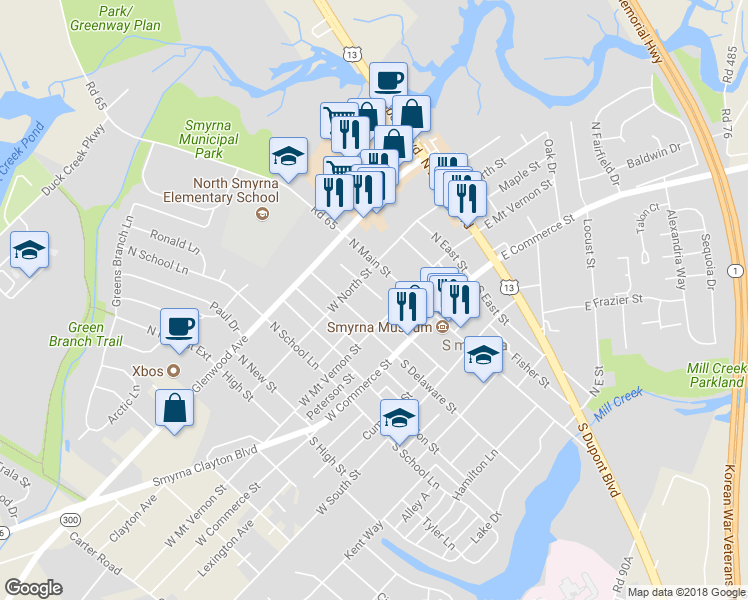 map of restaurants, bars, coffee shops, grocery stores, and more near 123 Beadle Street in Smyrna