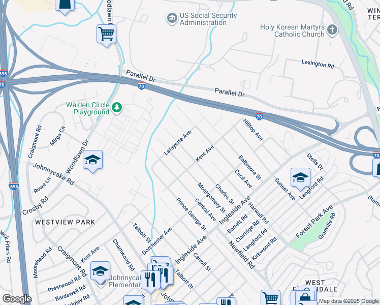 map of restaurants, bars, coffee shops, grocery stores, and more near 6006 Charles Street in Woodlawn