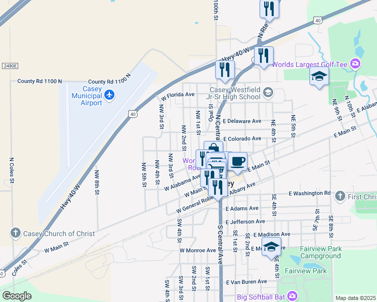 map of restaurants, bars, coffee shops, grocery stores, and more near 301-303 Northwest 2nd Street in Casey