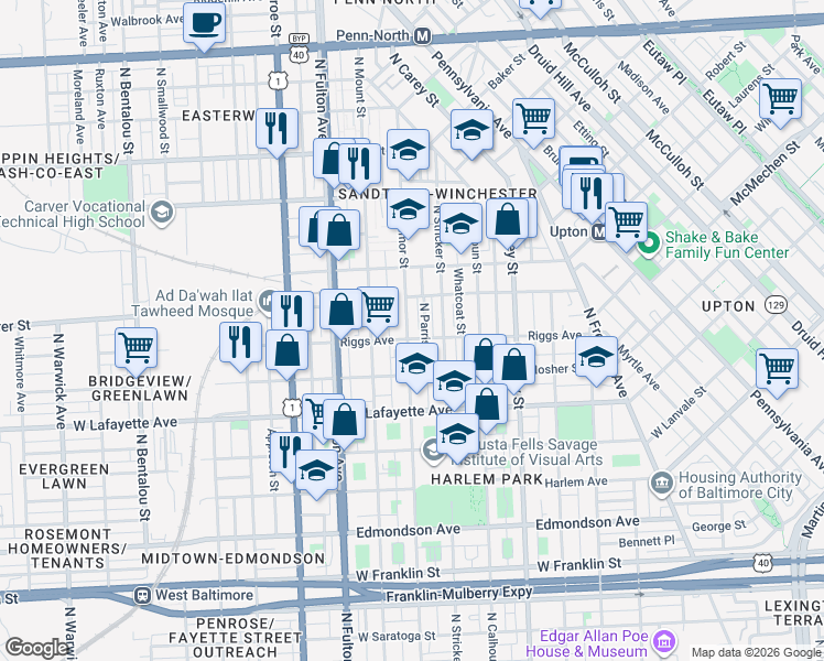 map of restaurants, bars, coffee shops, grocery stores, and more near 1107 North Gilmor Street in Baltimore