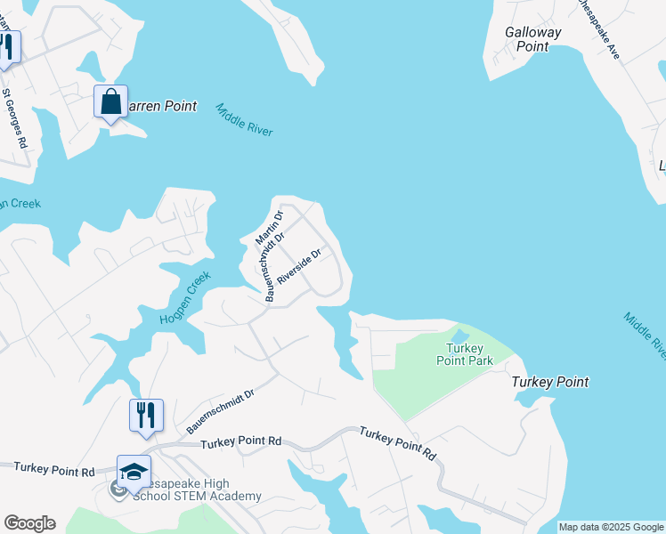 map of restaurants, bars, coffee shops, grocery stores, and more near 2507 Bauernschmidt Drive in Essex