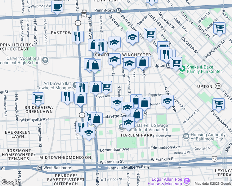 map of restaurants, bars, coffee shops, grocery stores, and more near 1107 North Gilmor Street in Baltimore