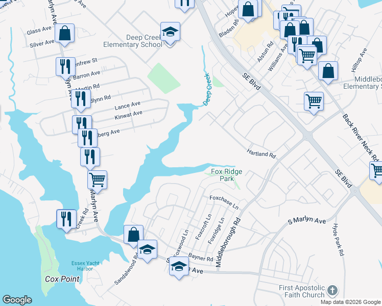 map of restaurants, bars, coffee shops, grocery stores, and more near 1260 Sugarwood Circle in Essex