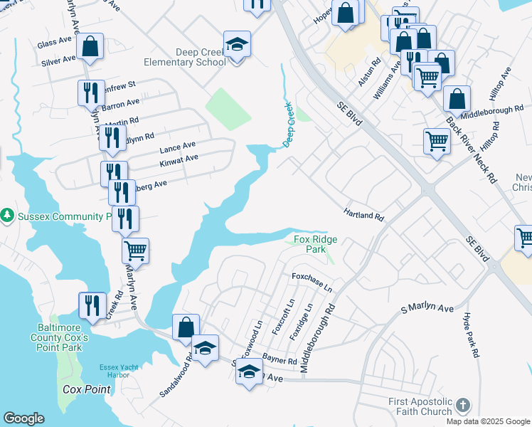 map of restaurants, bars, coffee shops, grocery stores, and more near 1260 Sugarwood Circle in Essex