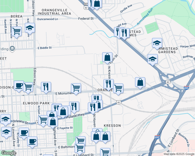 map of restaurants, bars, coffee shops, grocery stores, and more near 4101 Ashland Avenue in Baltimore