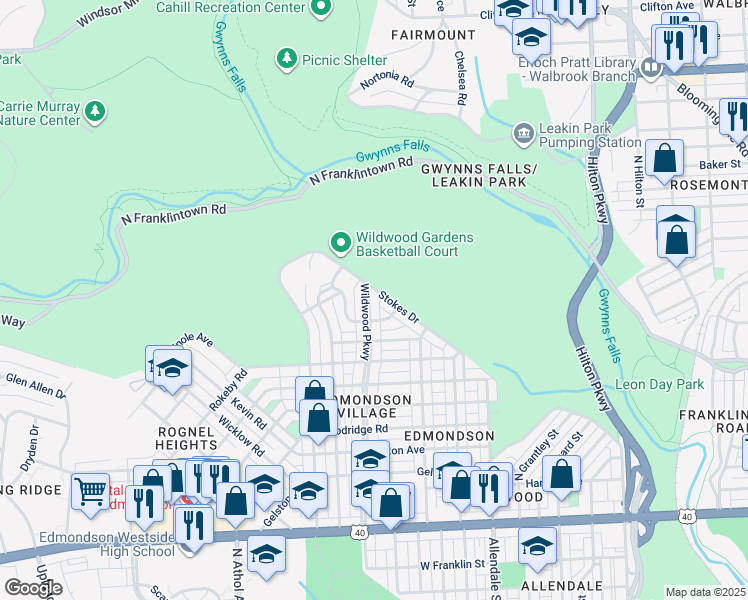 map of restaurants, bars, coffee shops, grocery stores, and more near 1307 Wildwood Parkway in Baltimore